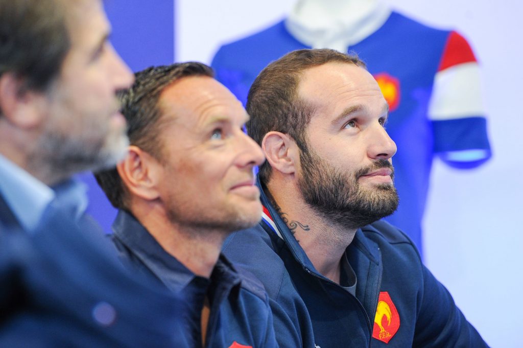 Pierre Henry Beausire, CEO of Le Coq Sportif and Frederic Michalak, former player of french team during a press conference after visiting the fabrications factories of the new Rugby France team jersey on October 30, 2018 in Troyes, France. (Photo by Sandra Ruhaut/Icon Sport)